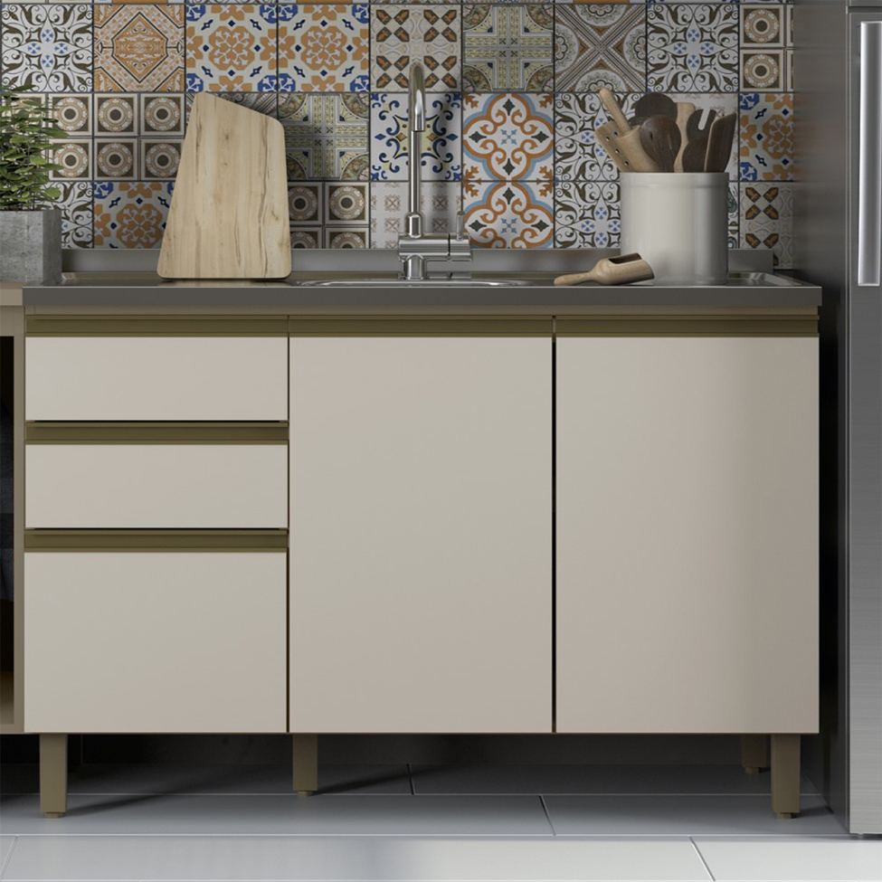 Balcão de Cozinha Évelin 3 Portas 2 Gavetas Duna e Cristal