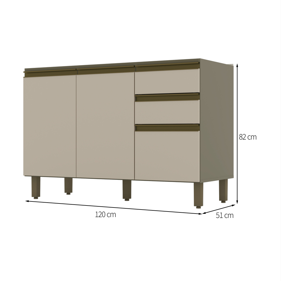 Balcão de Cozinha Évelin 3 Portas 2 Gavetas Duna e Cristal