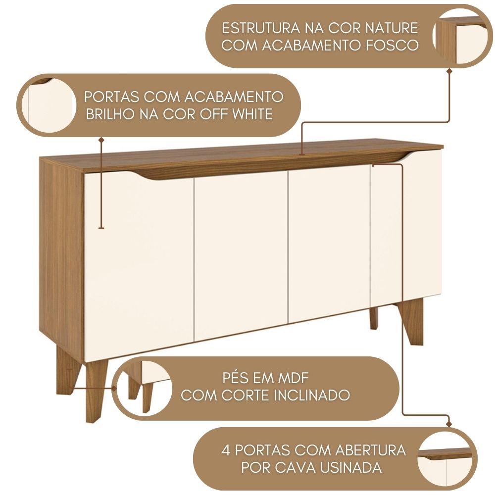 Balcao Buffet 4 Portas 150 cm Quartzo Off White Nature Henn