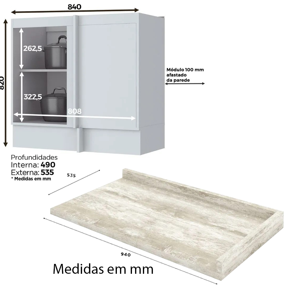 Balcao Canto Reto Com Tampo 84 cm Americana Branco Calcare Henn