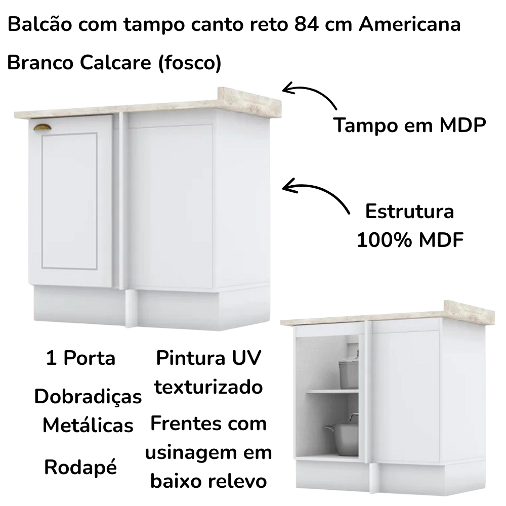 Balcao Canto Reto Com Tampo 84 cm Americana Branco Calcare Henn