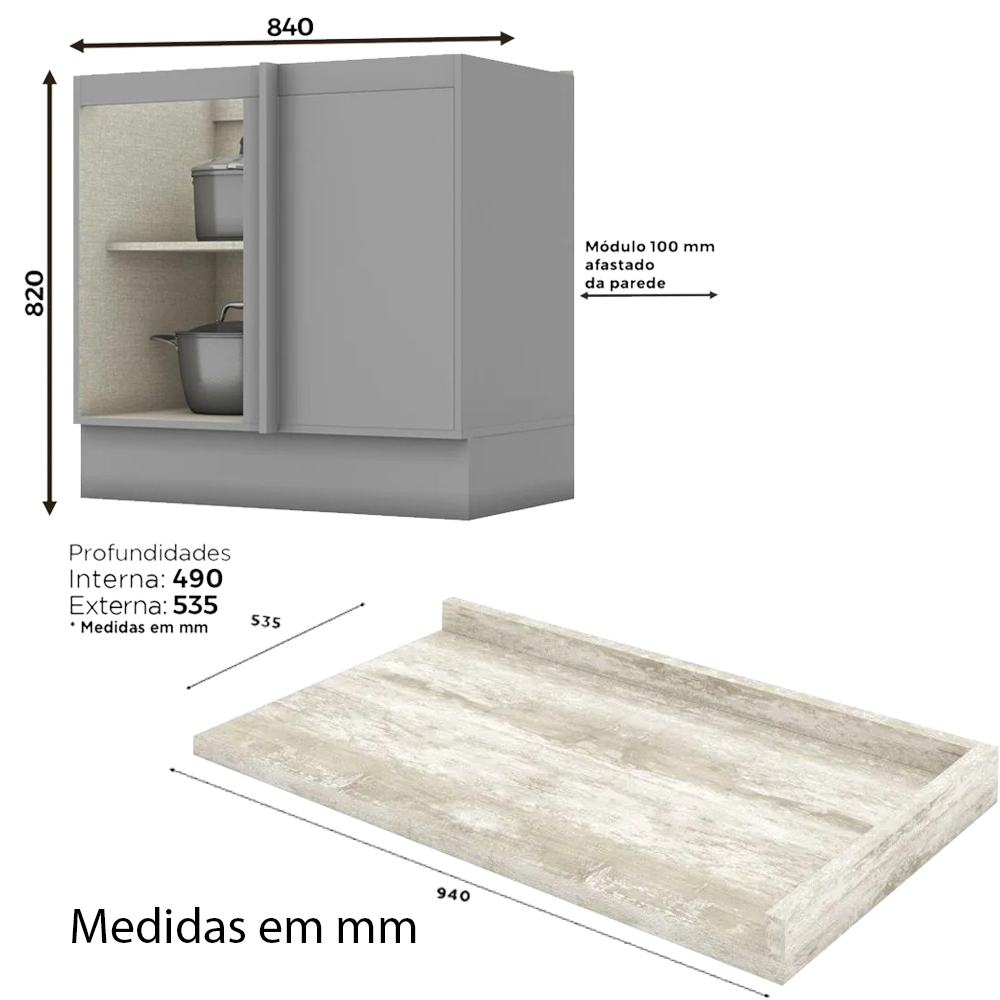 Balcao Canto Reto Com Tampo 84 cm Americana Cinza Calcare Henn