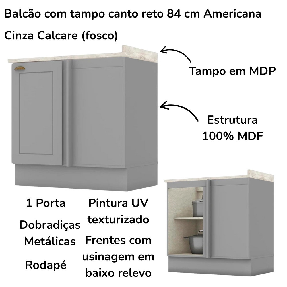 Balcao Canto Reto Com Tampo 84 cm Americana Cinza Calcare Henn