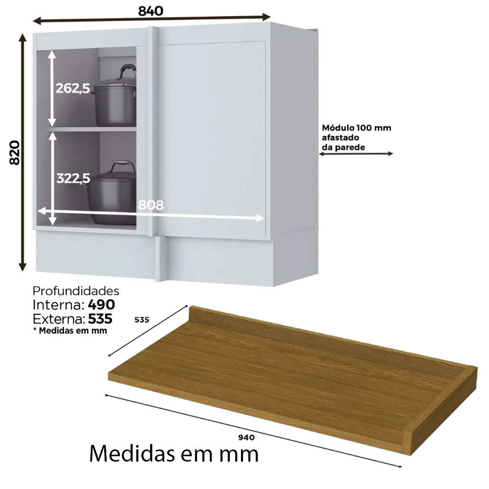 Balcao Canto Reto Com Tampo 84cm Americana Branco Nature Henn