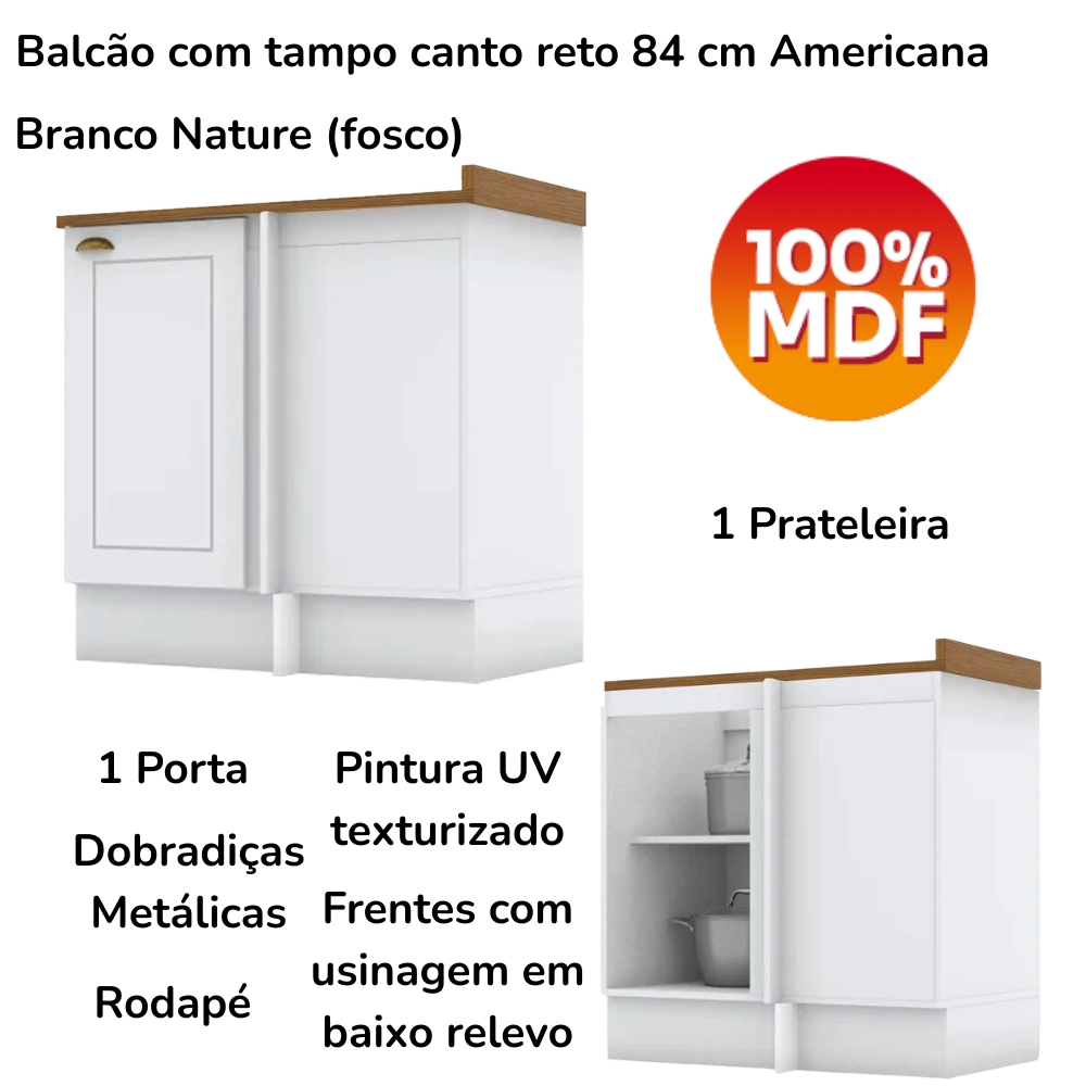 Balcao Canto Reto Com Tampo 84cm Americana Branco Nature Henn
