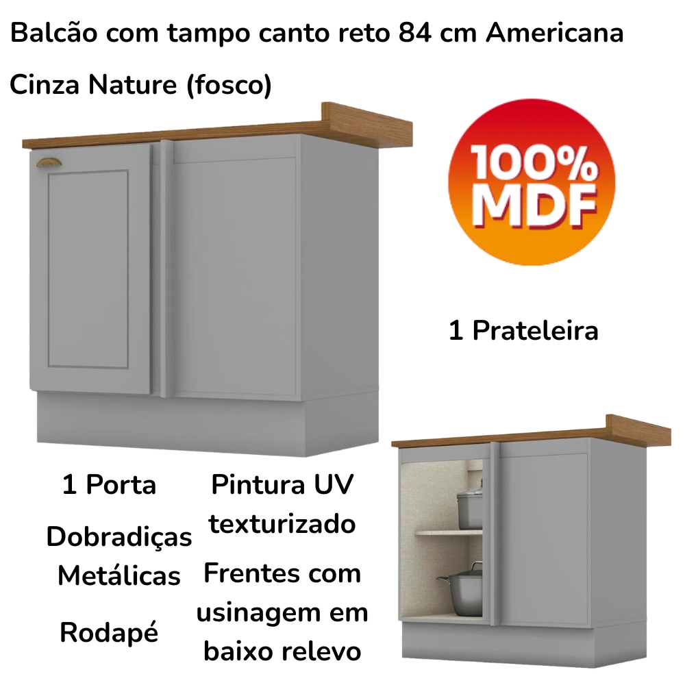 Balcao Canto Reto Com Tampo 84cm Americana Cinza Nature Henn