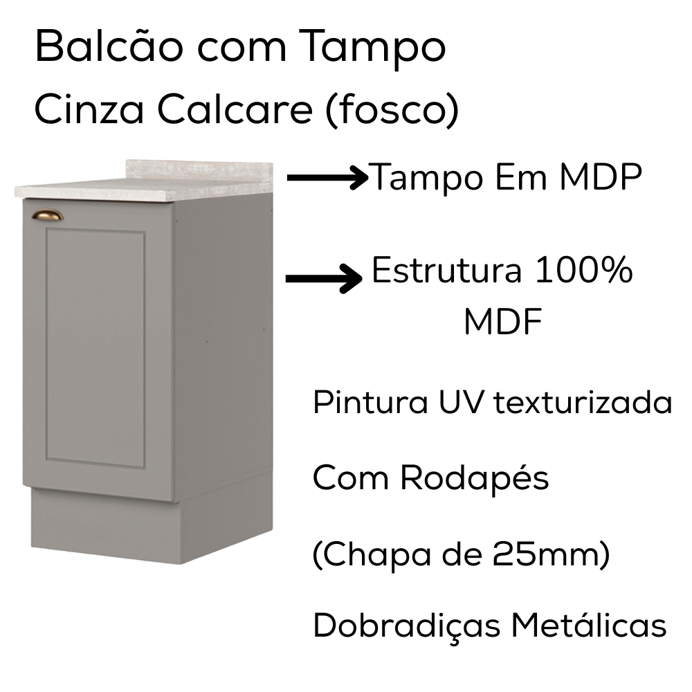 Balcao Com Tampo 1 Porta 40 cm Americana Cinza Calcare Henn
