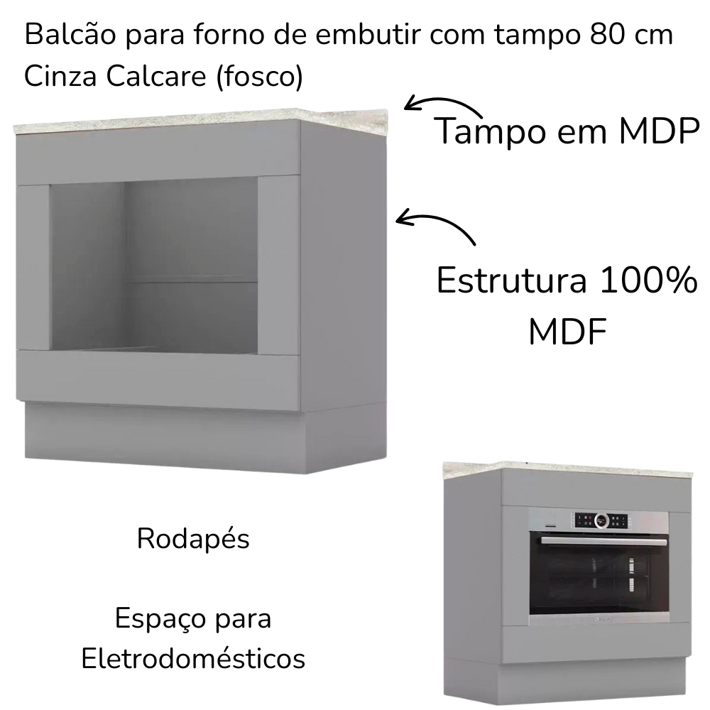 Balcao Forno Embutir Com Tampo 80 cm Americana Cinza Calcare Henn