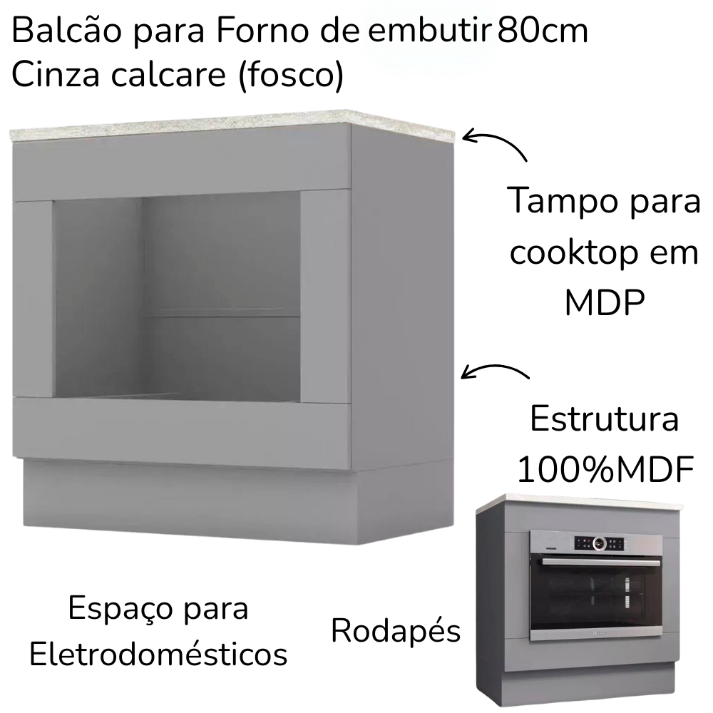 Balcao Forno Embutir Tampo Cooktop 80 cm Americana Cinza Calcare Henn
