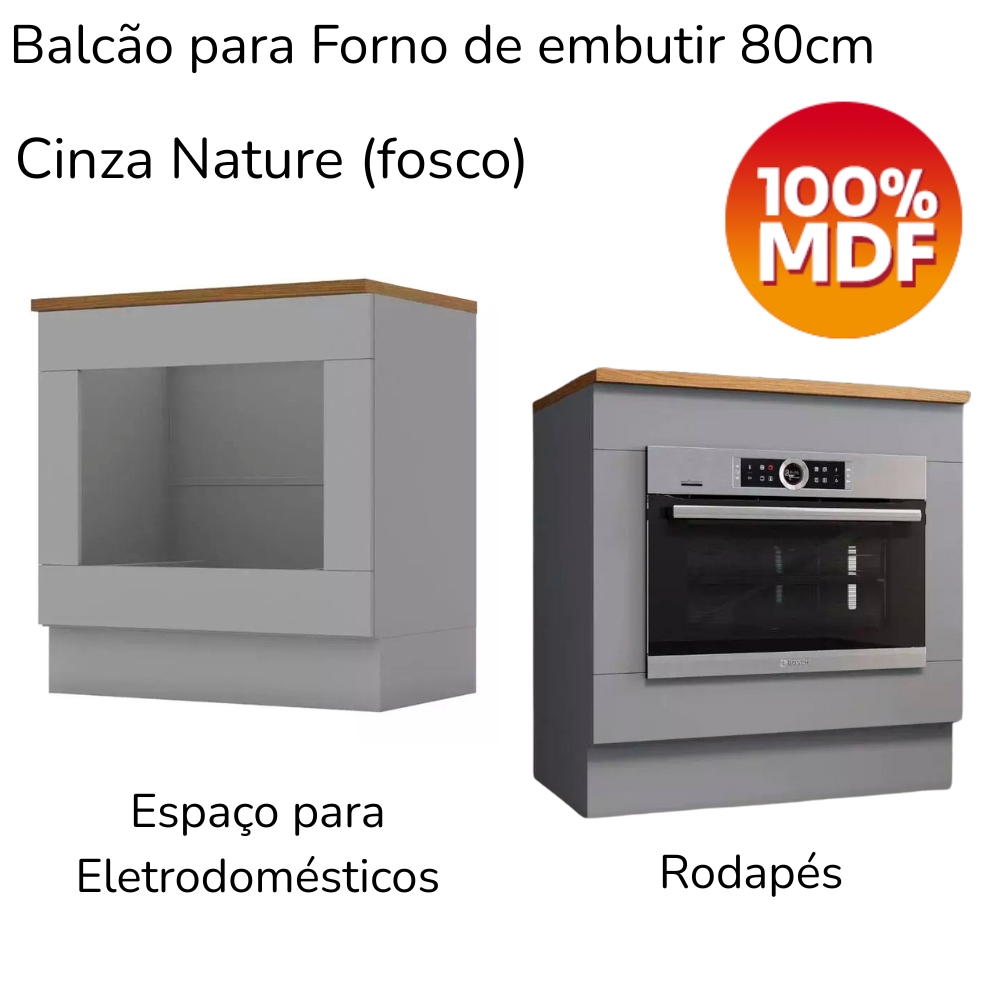 Balcao Forno Embutir Tampo Cooktop 80cm Americana Cinza Nature Henn
