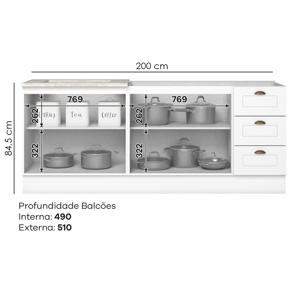 Balcao Pia 120 cm Balcao Cooktop 80 cm Americana Branco Calcare Henn