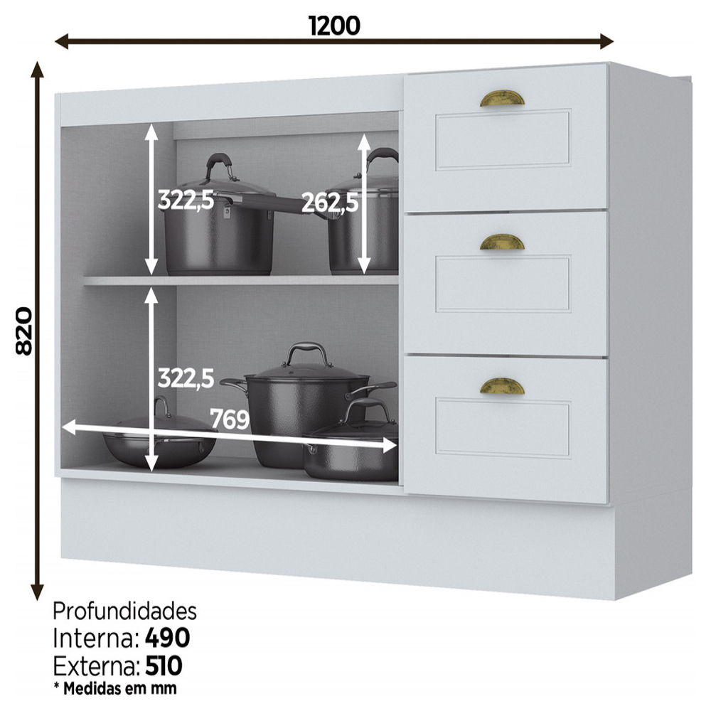 Balcao Pia 2 Portas 3 Gavetas 120 cm C353 Americana Branco Henn