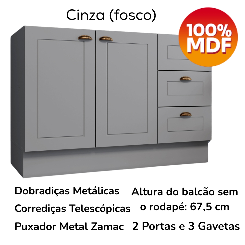 Balcao Pia 2 Portas 3 Gavetas 120 cm C353 Americana Cinza Henn