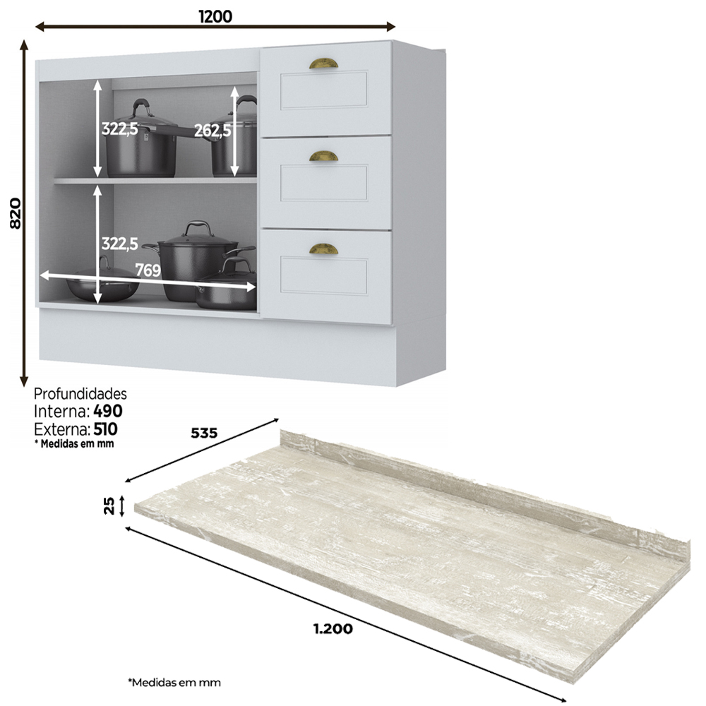 Balcao Pia Com Tampo 120 cm C353 Americana Branco Calcare Henn