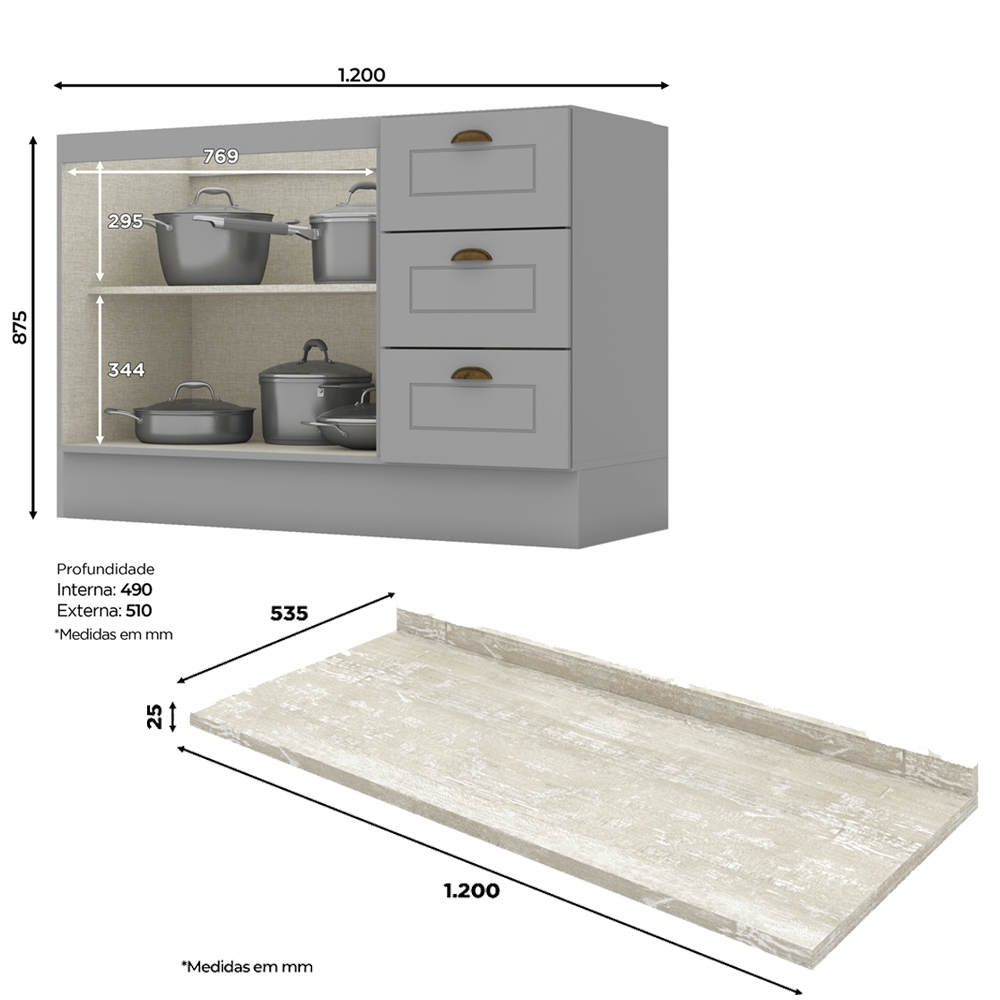 Balcao Pia Com Tampo 120 cm C353 Americana Cinza Calcare Henn