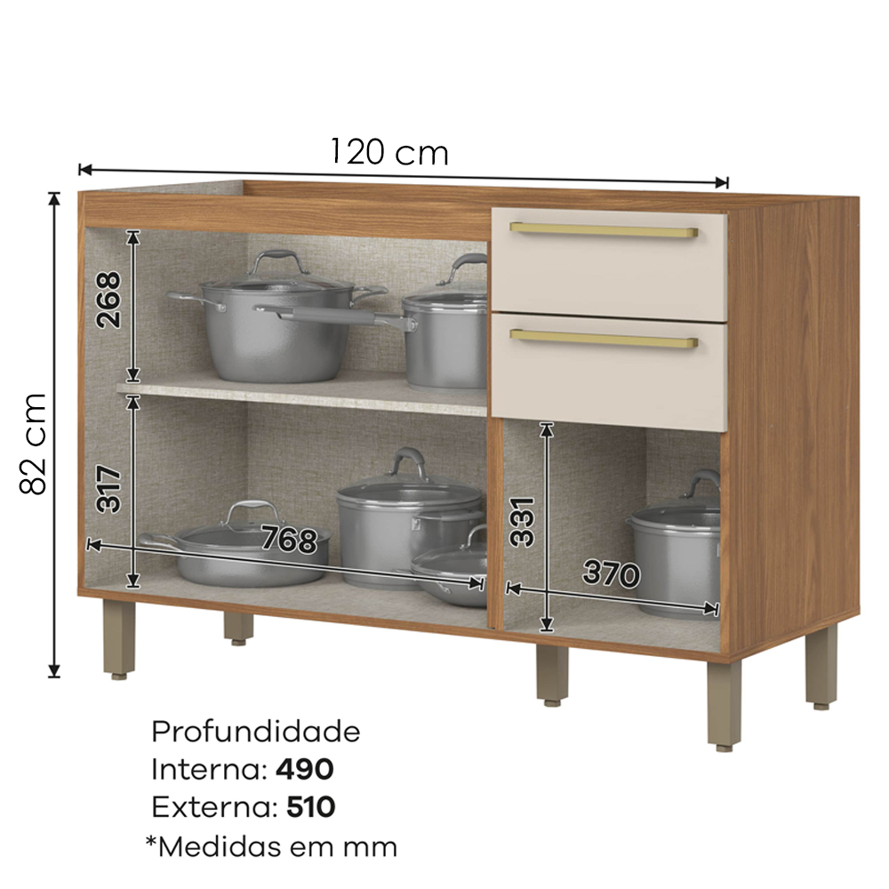 Balcao Pia Com Tampo 3 Portas 120 cm Requinte Nature Areia Henn