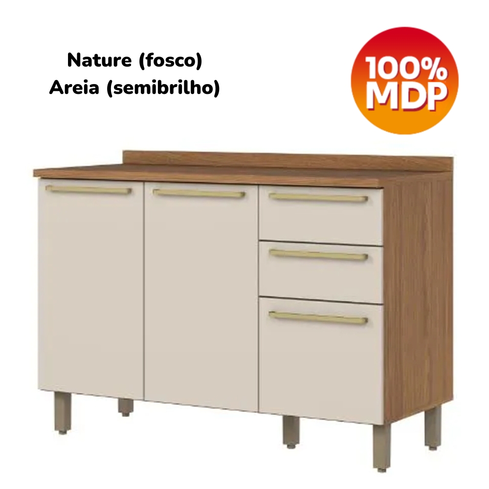 Balcao Pia Com Tampo 3 Portas 120 cm Requinte Nature Areia Henn