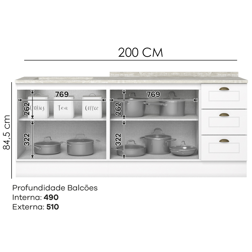 Balcao Tampo 120 cm Balcao Cooktop 80 cm Americana Branco Calcare Henn