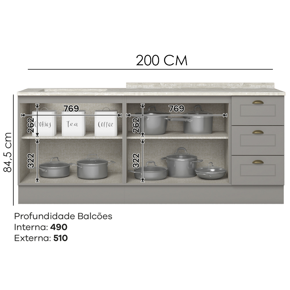 Balcao Tampo 120 cm Balcao Cooktop 80 cm Americana Cinza Calcare Henn