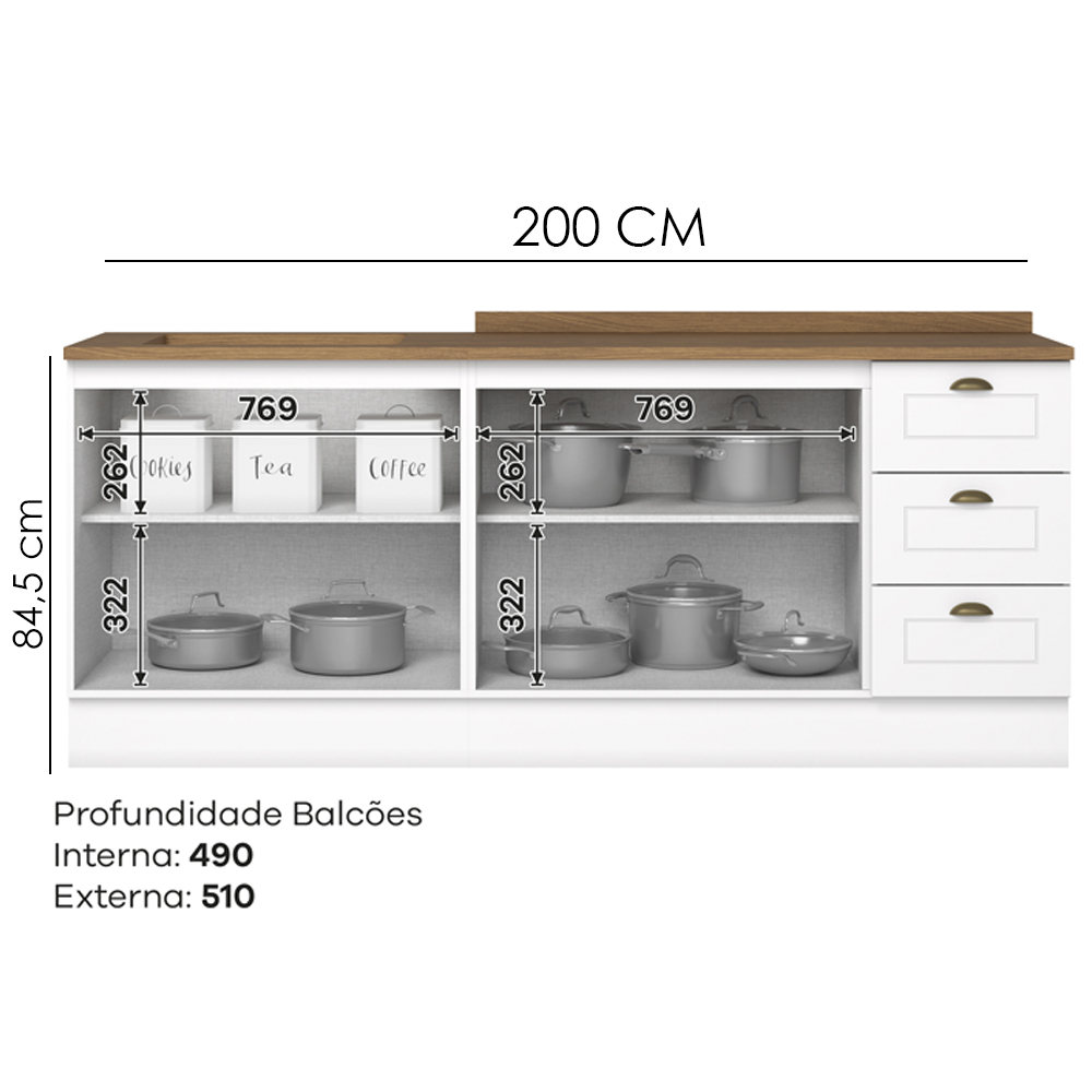 Balcao Tampo 120cm Balcao Cooktop 80cm Americana Branco Nature Henn