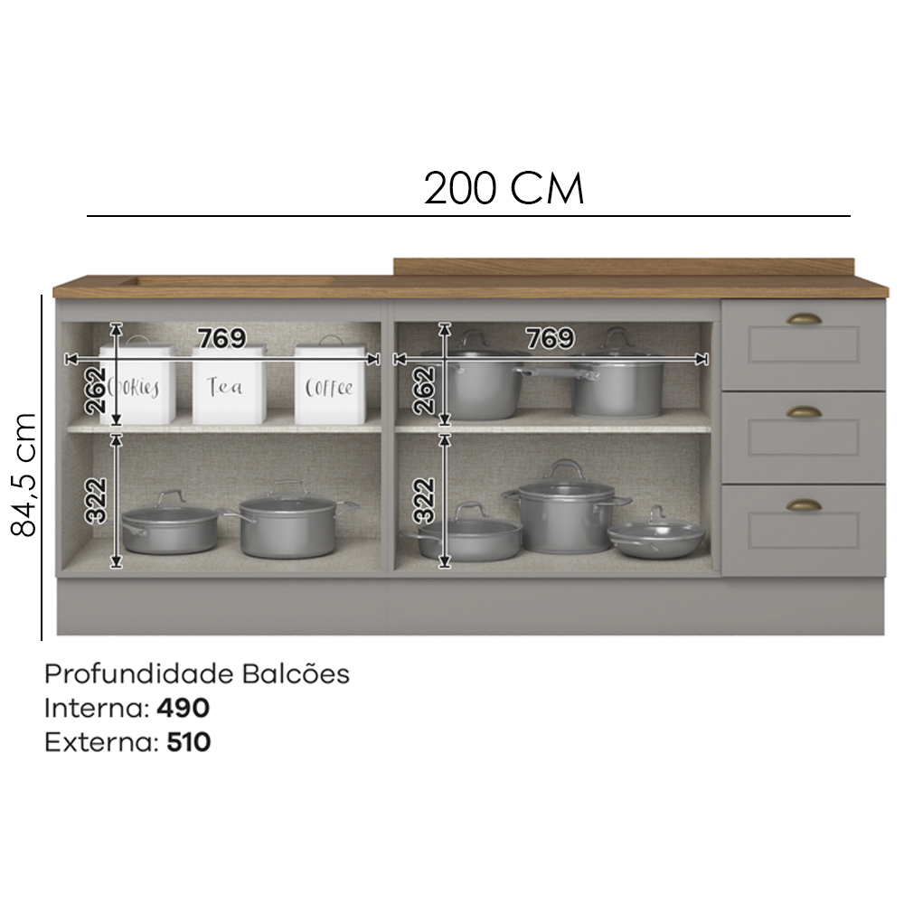 Balcao Tampo 120cm Balcao Cooktop 80cm Americana Cinza Nature Henn