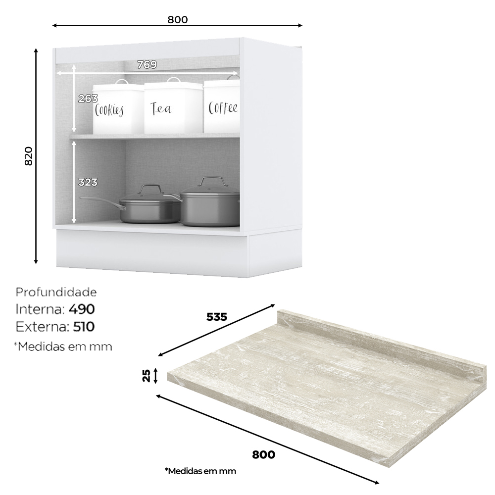 Balcao com Tampo 2 Portas 80 cm Americana Branco Calcare Henn