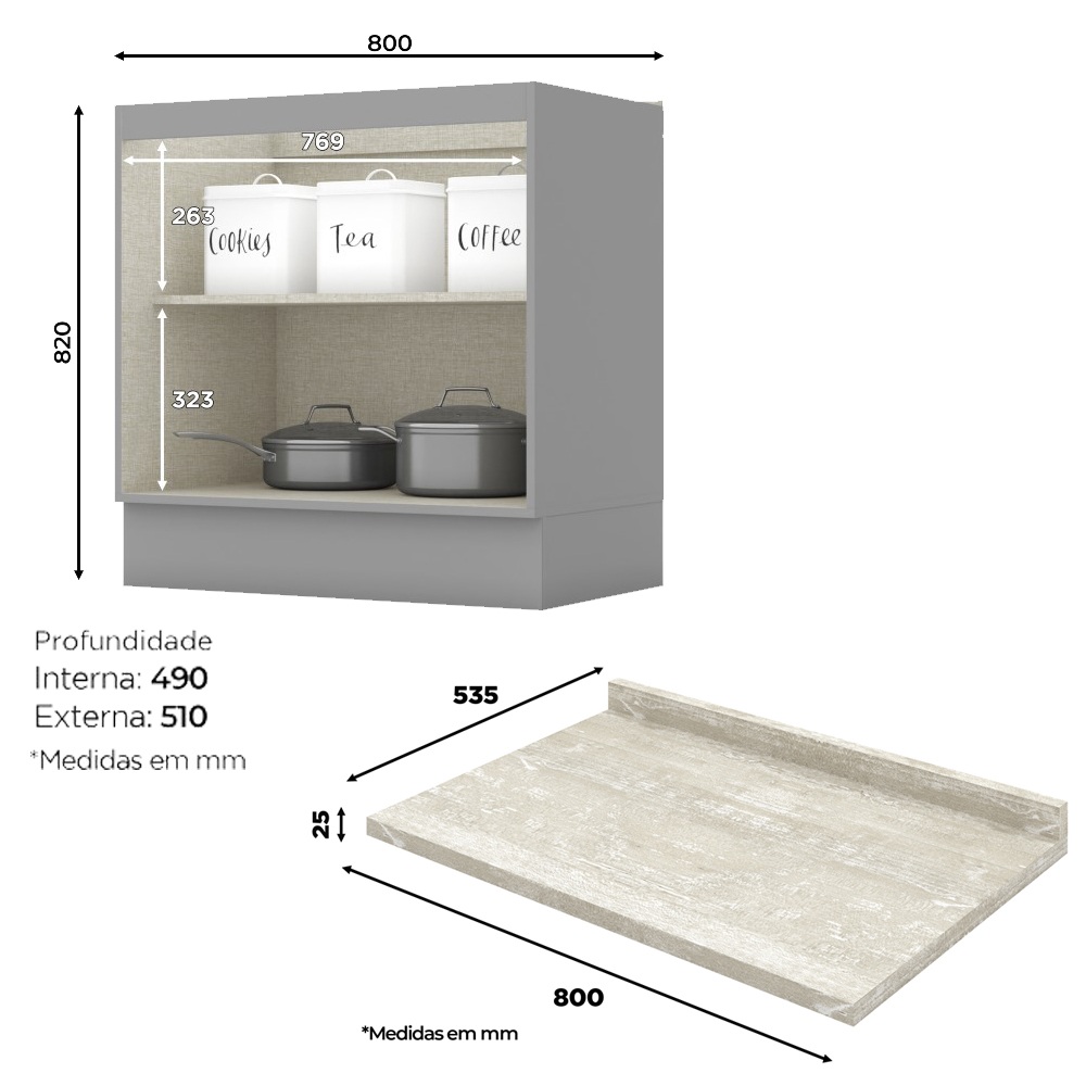 Balcao com Tampo 2 Portas 80 cm Americana Cinza Calcare Henn