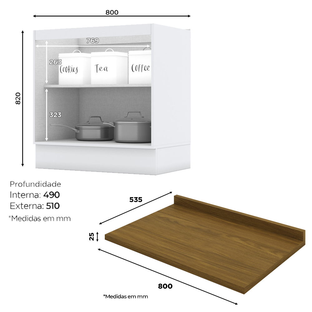 Balcao com Tampo 2 Portas 80cm Americana Branco Nature Henn