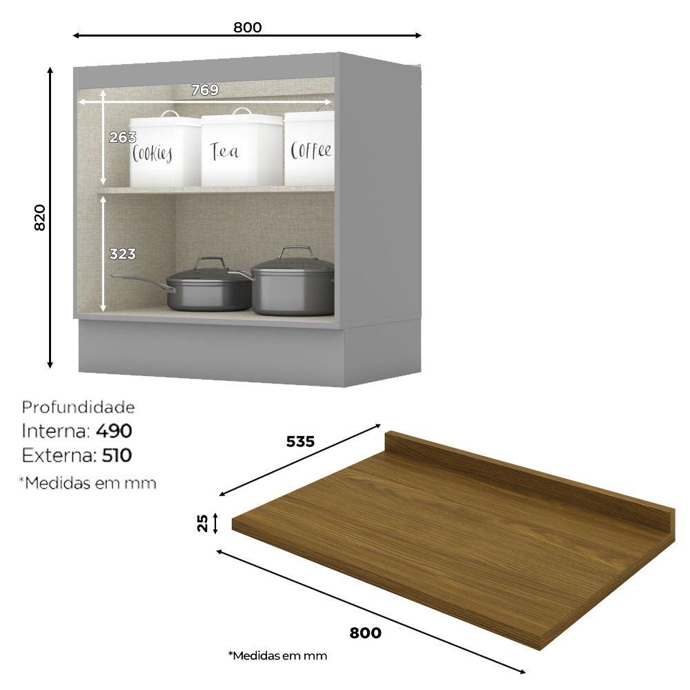 Balcao com Tampo 2 Portas 80cm Americana Cinza Nature Henn