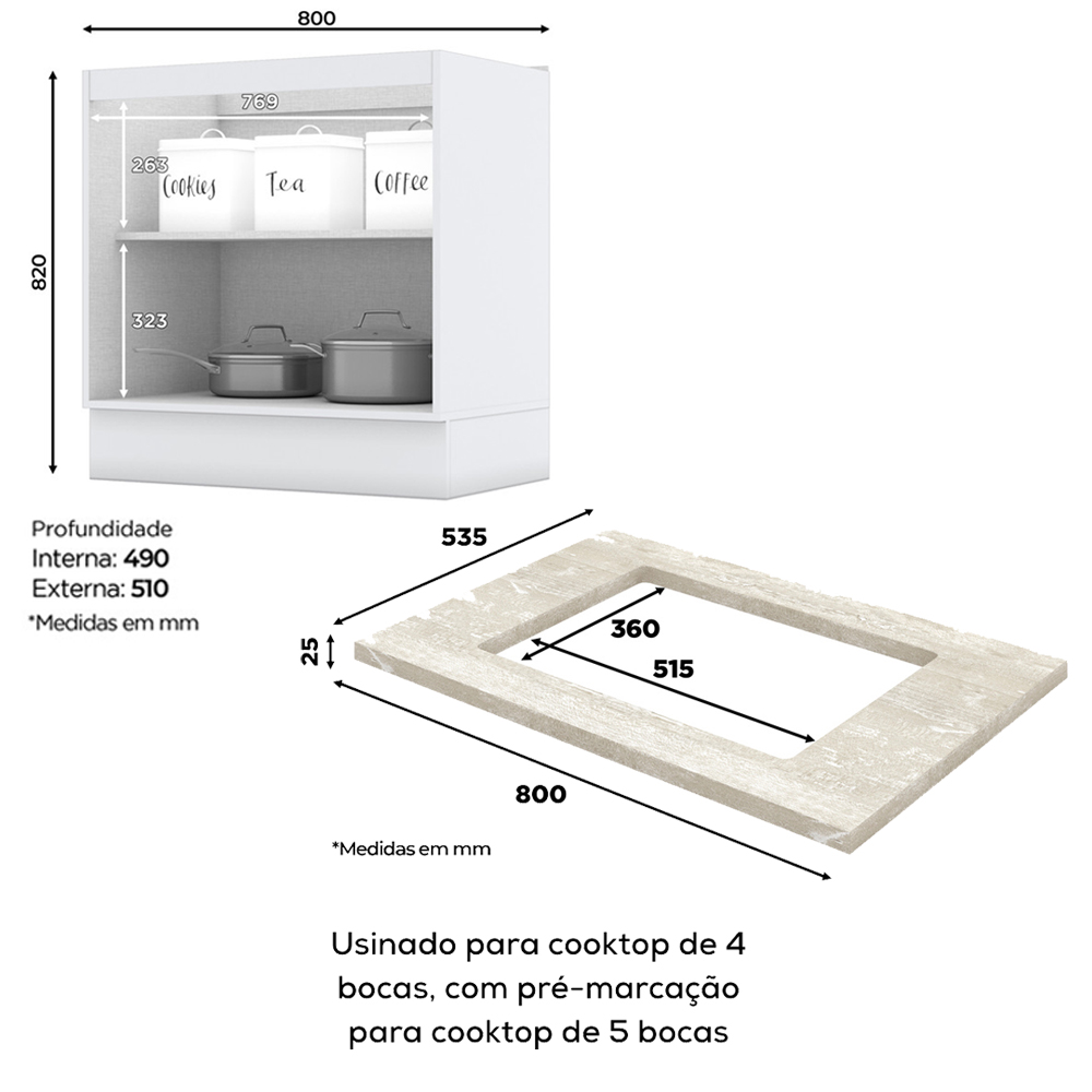 Balcao com Tampo Para Cooktop 2P 80 cm Americana Branco Calcare Henn