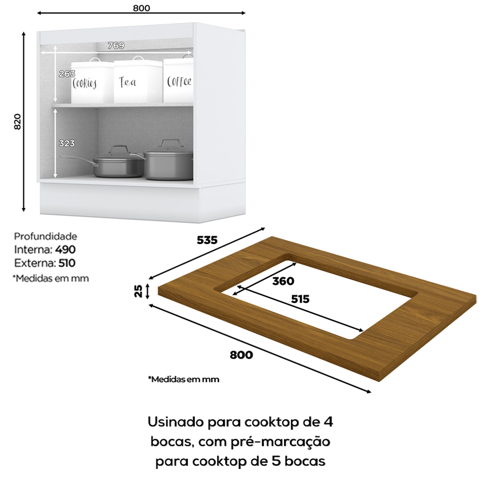 Balcao com Tampo Para Cooktop 2P 80 cm Americana Branco Nature Henn