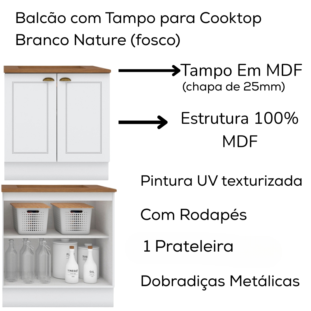 Balcao com Tampo Para Cooktop 2P 80 cm Americana Branco Nature Henn
