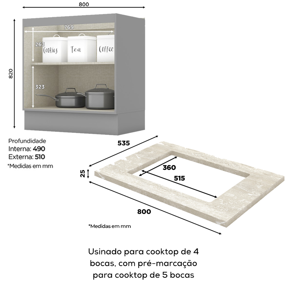Balcao com Tampo Para Cooktop 2P 80 cm Americana Cinza Calcare Henn