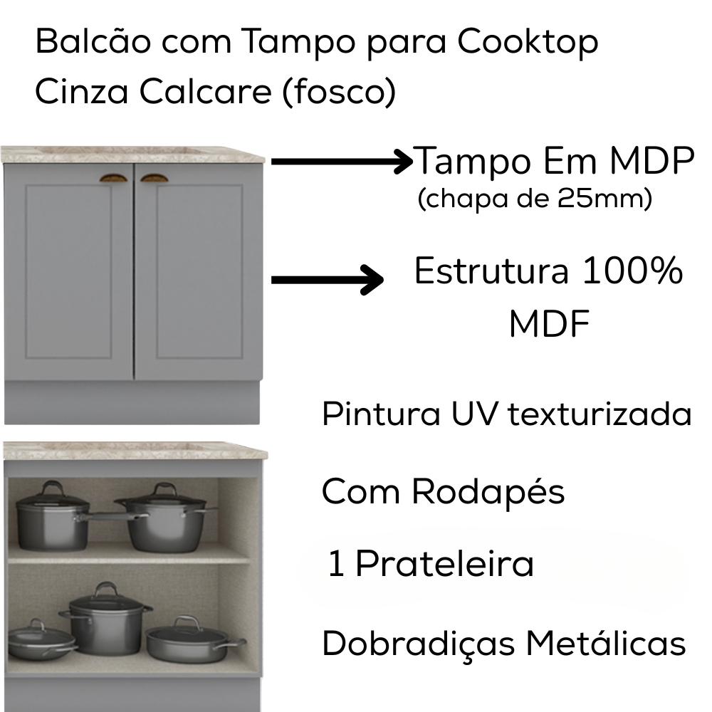 Balcao com Tampo Para Cooktop 2P 80 cm Americana Cinza Calcare Henn