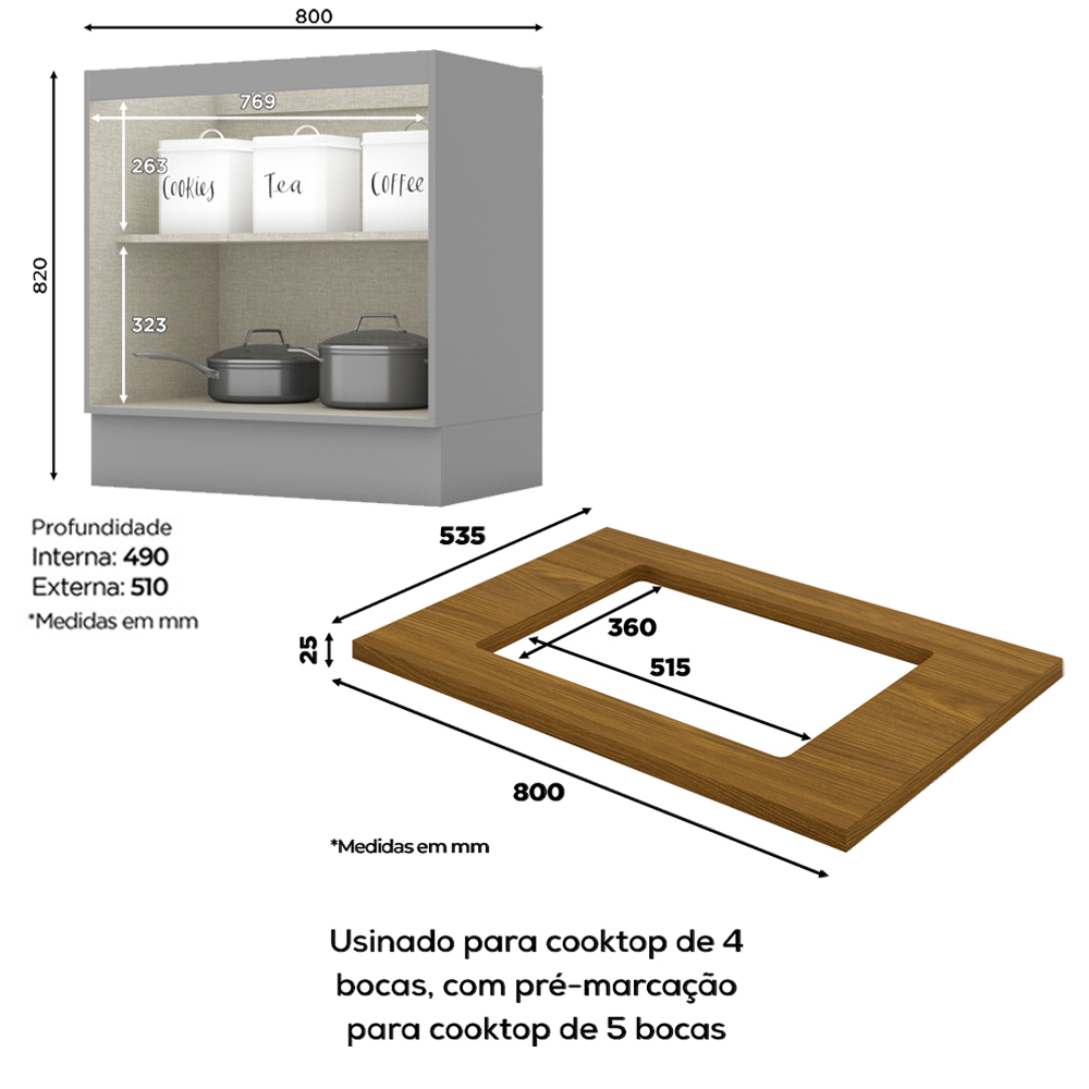 Balcao com Tampo Para Cooktop 2P 80 cm Americana Cinza Nature Henn