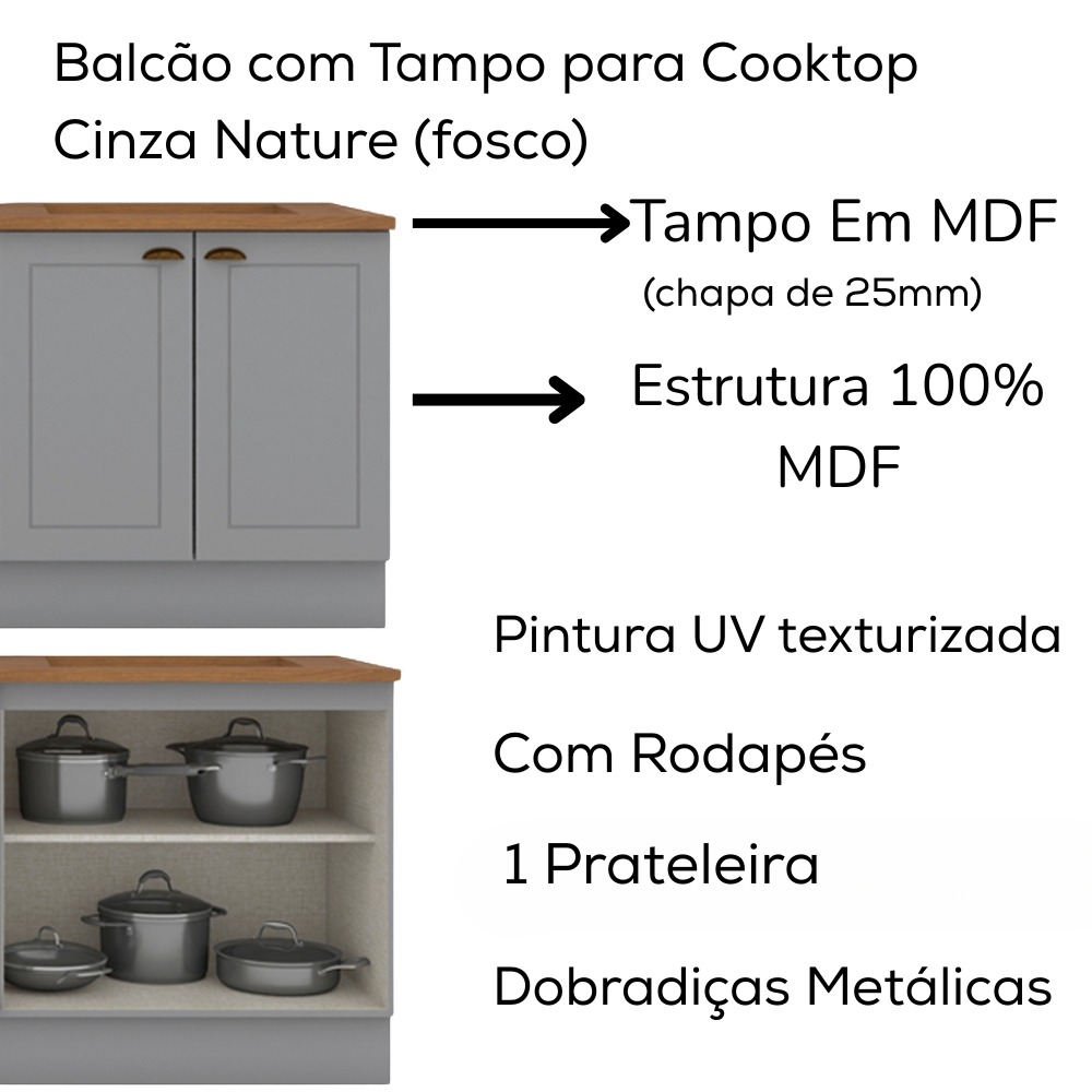 Balcao com Tampo Para Cooktop 2P 80 cm Americana Cinza Nature Henn