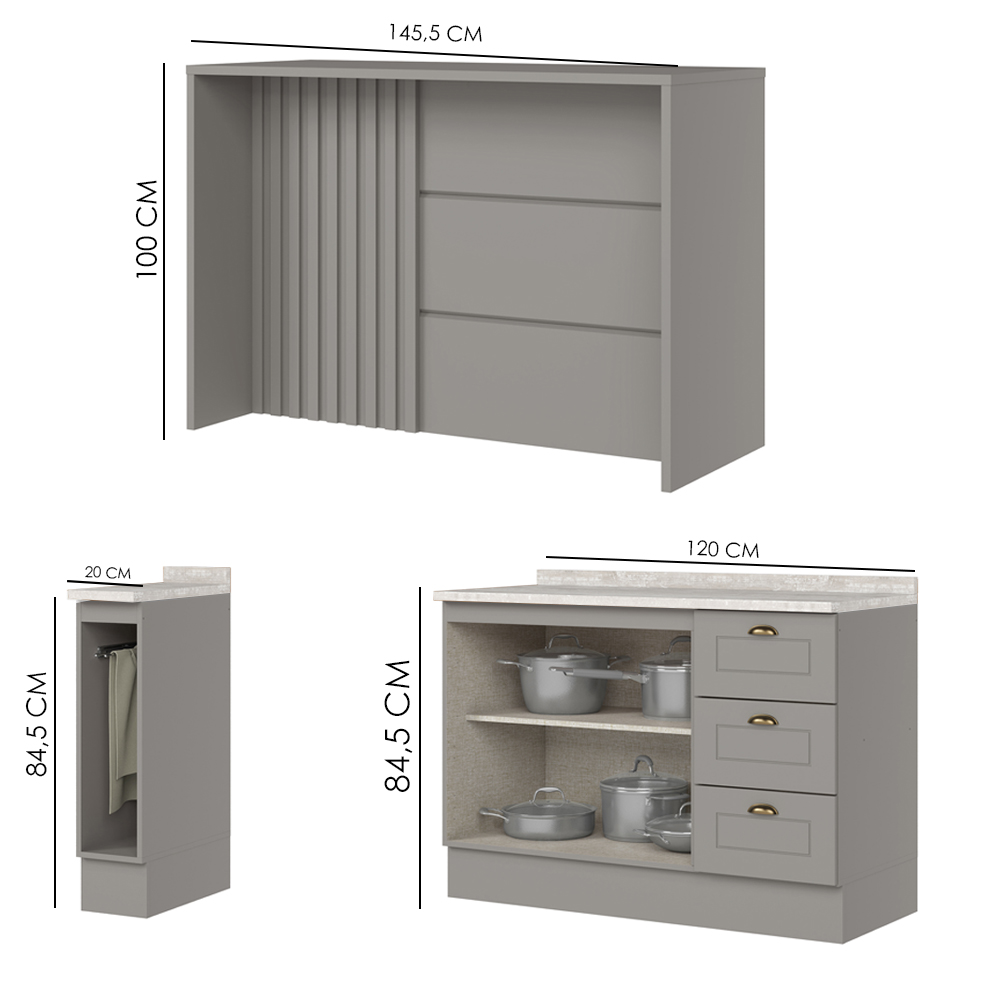 Bancada E Balcao Gourmet 146 cm CE817 Americana Cinza Calcare Henn
