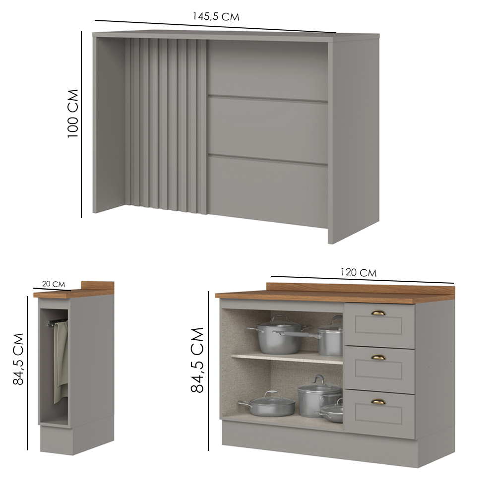 Bancada E Balcao Gourmet 146cm CE817 Americana Cinza Nature Henn