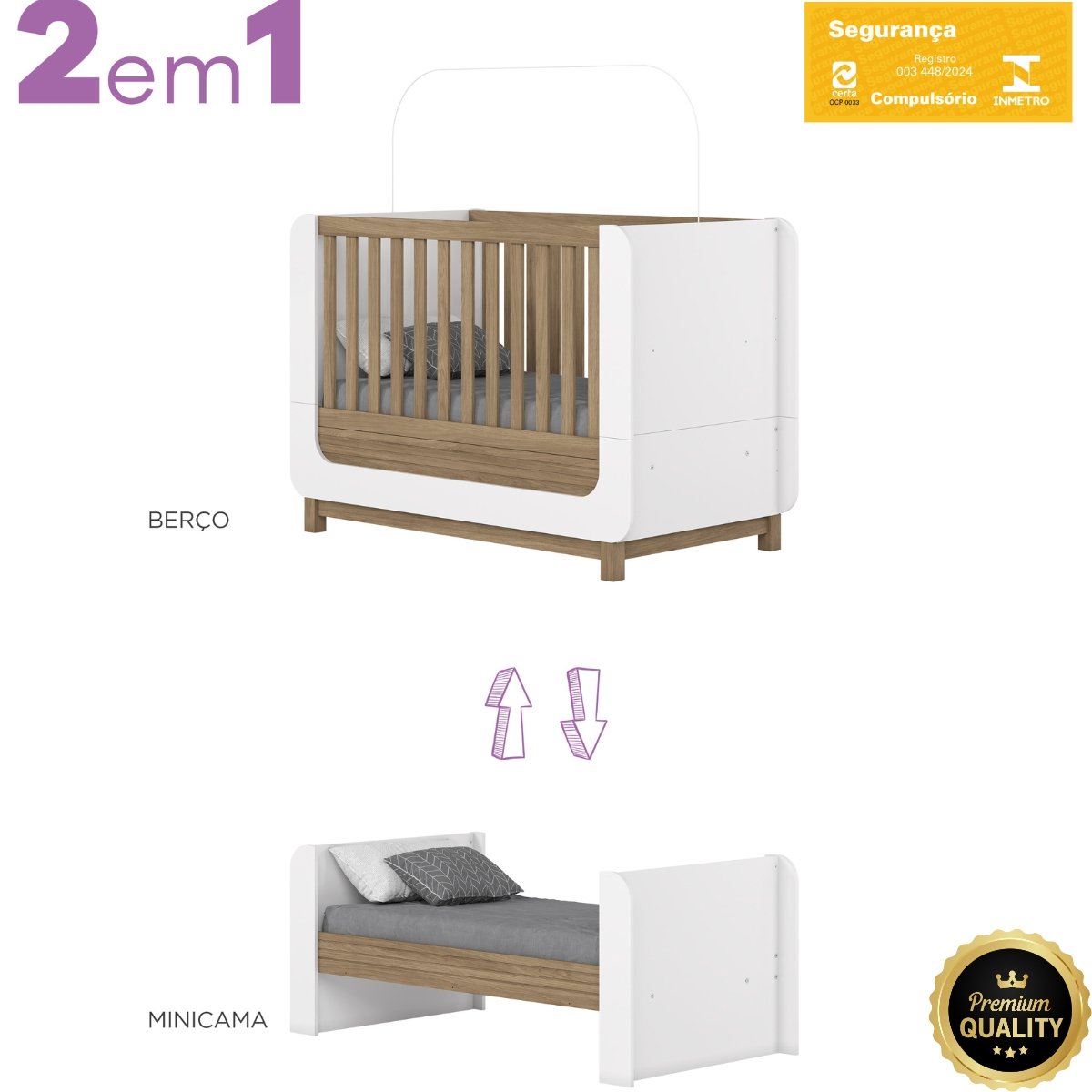 Berço Mini-cama 2 em 1 - Aconchego Branco / Jequitibá HP
