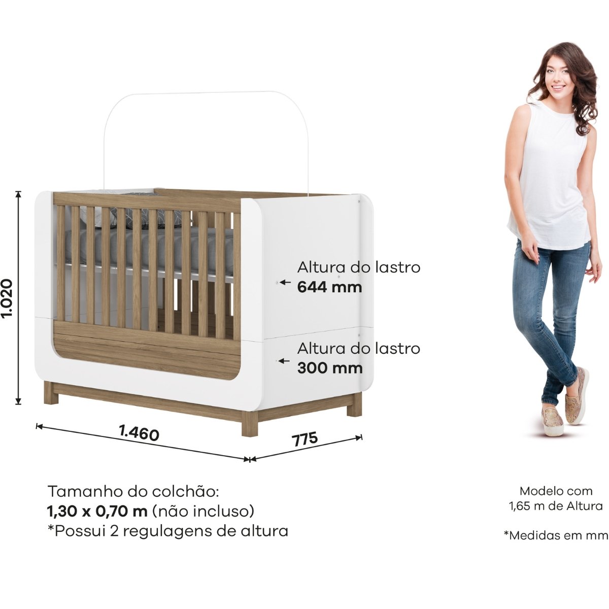 Berço Mini-cama 2 em 1 - Aconchego Branco / Jequitibá HP
