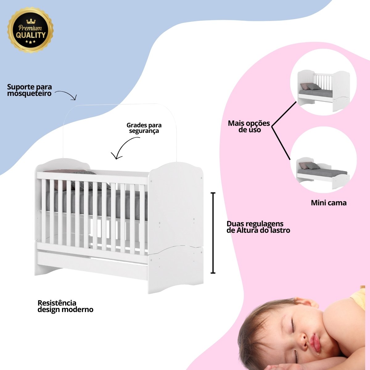 Berço Mini-cama 2 em 1 - Bala de Menta Branco