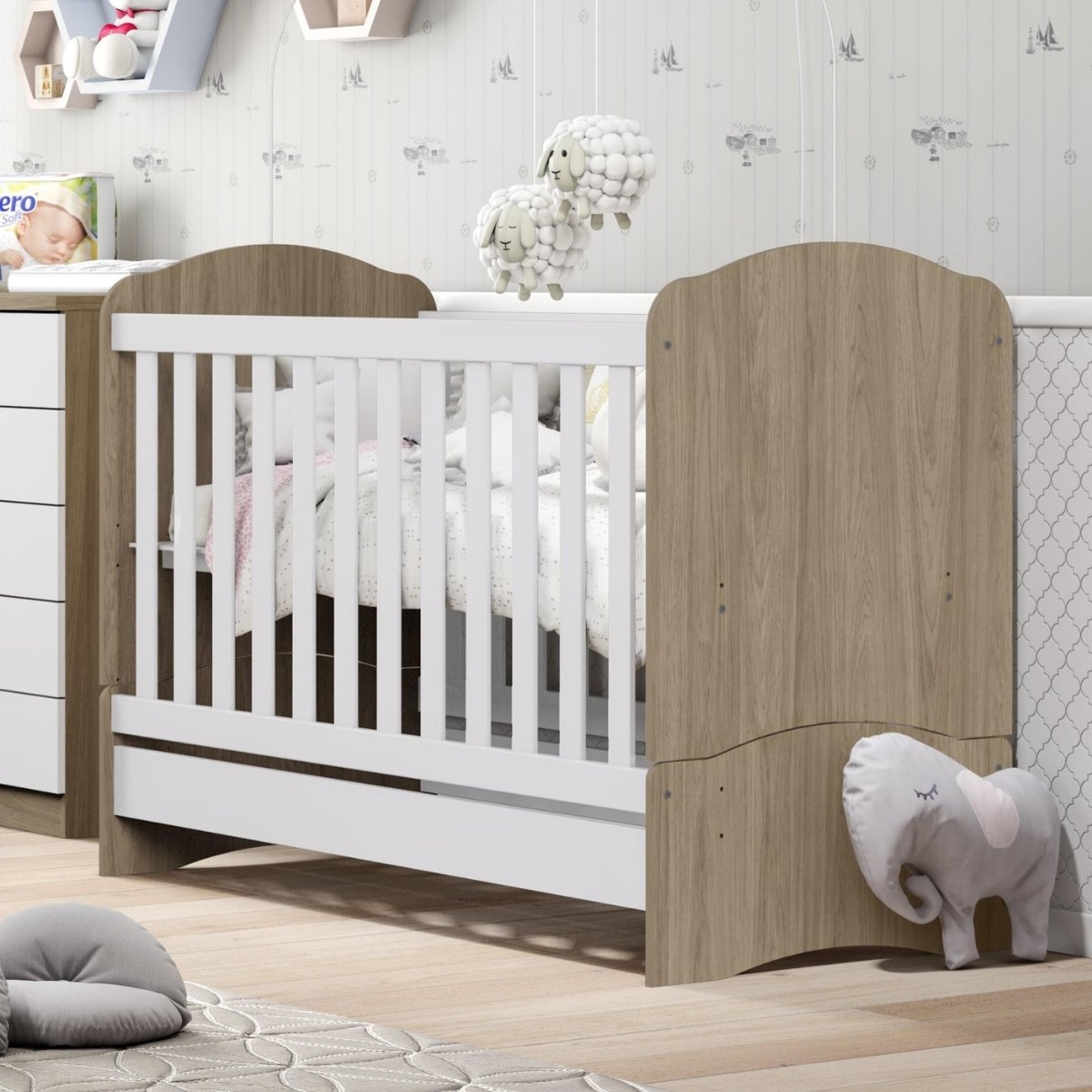 Berço Mini-cama 2 em 1 - Bala de Menta Rústico / Branco