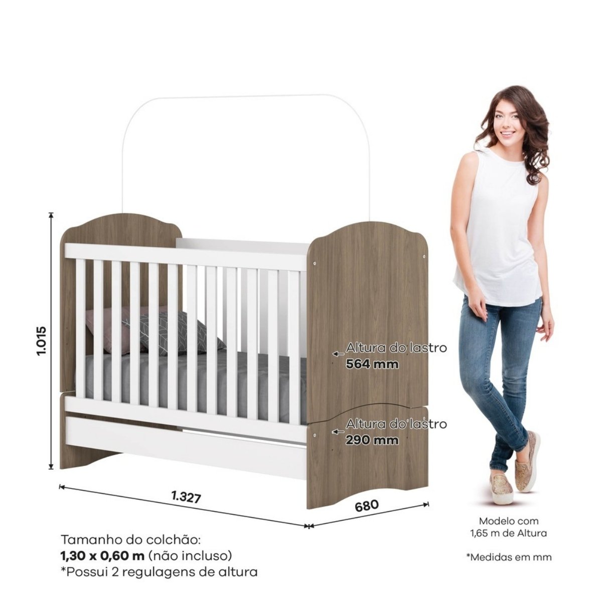 Berço Mini-cama 2 em 1 - Bala de Menta Rústico / Branco