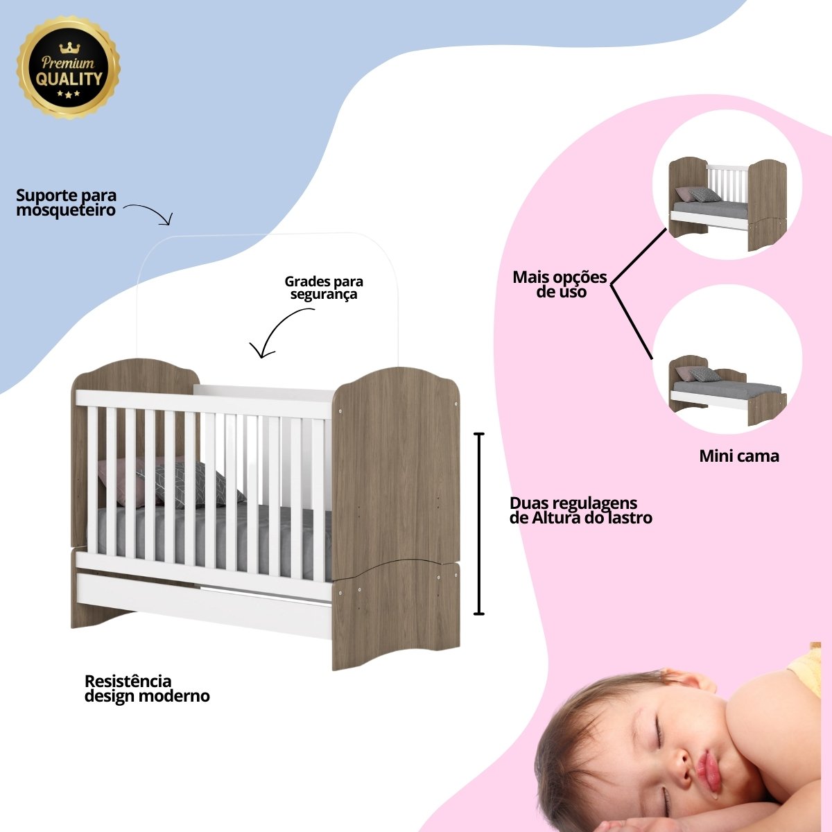 Berço Mini-cama 2 em 1 - Bala de Menta Rústico / Branco