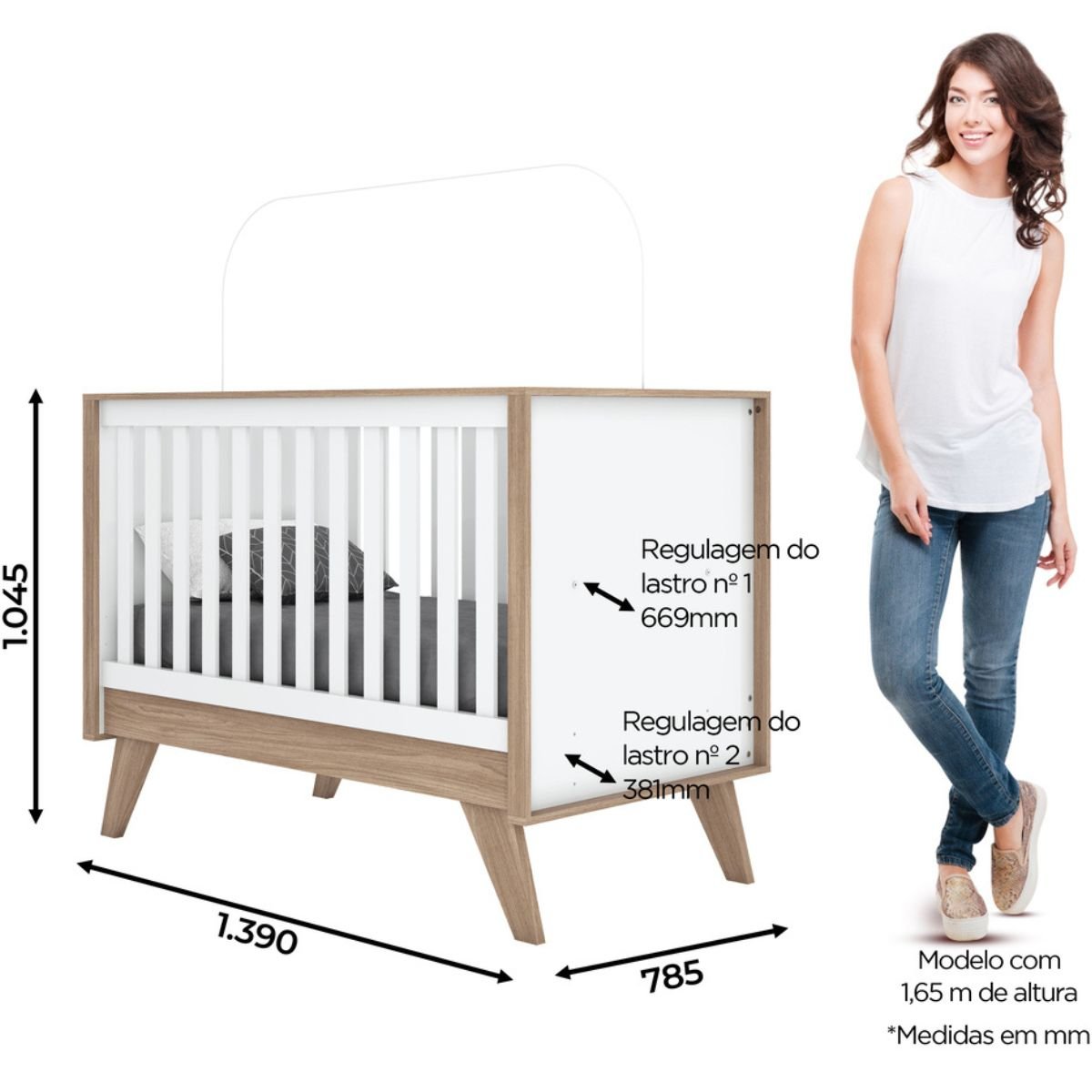 Berço Mini-cama 2 em 1 - Confete Branco / Jequitibá HP