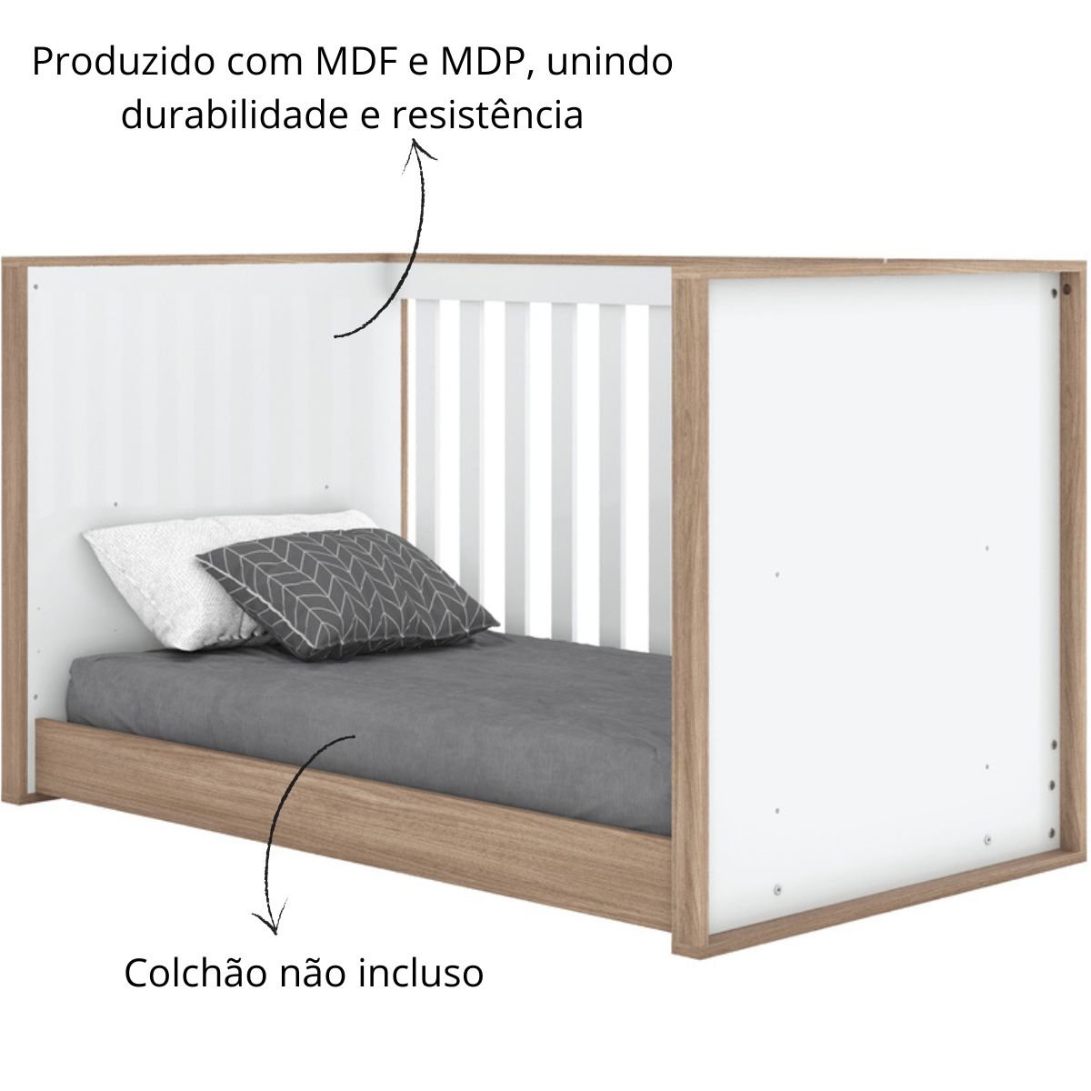 Berço Mini-cama 2 em 1 - Confete Branco / Jequitibá HP