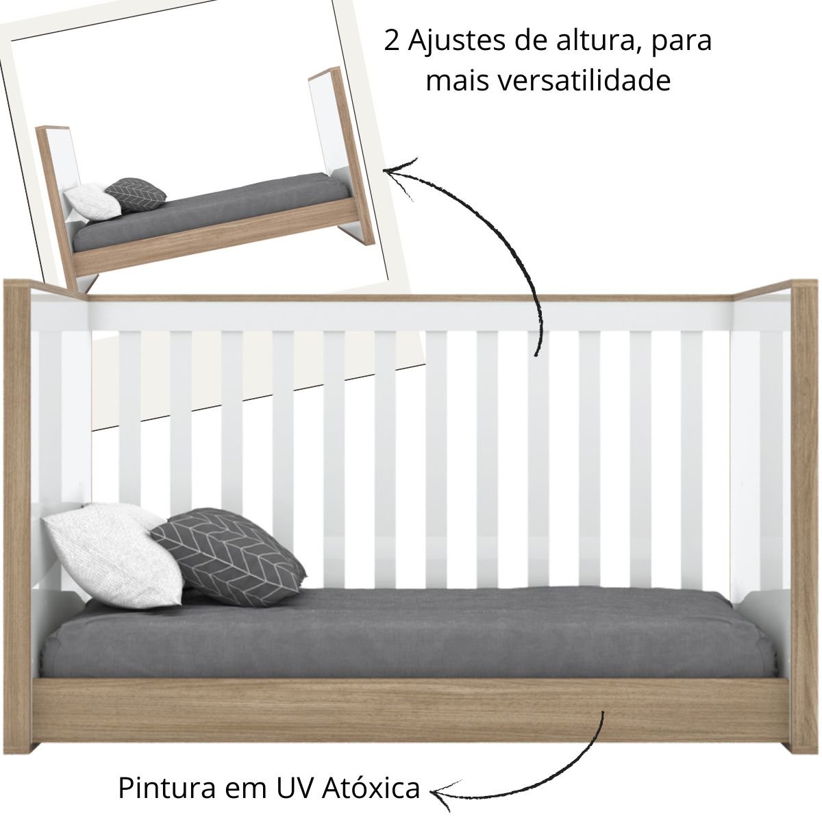 Berço Mini-cama 2 em 1 - Confete Branco / Jequitibá HP