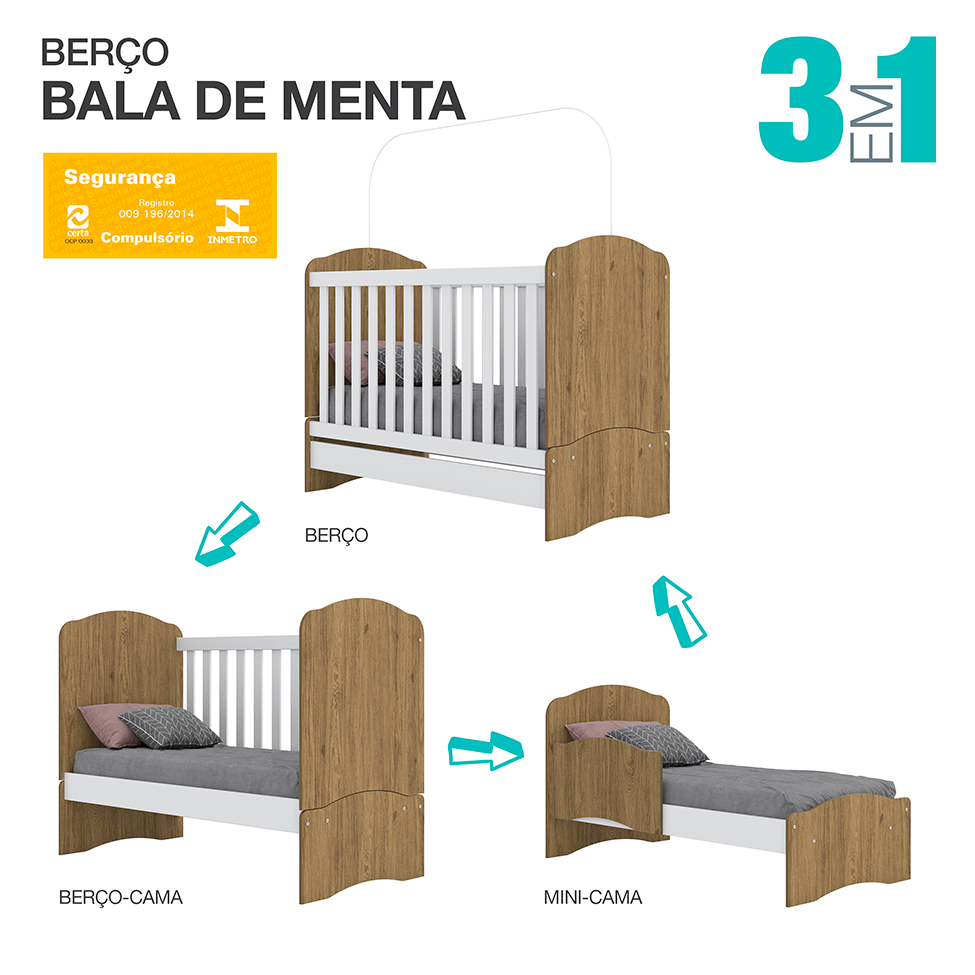 Berço Minicama Bala de Menta Rústico e Branco