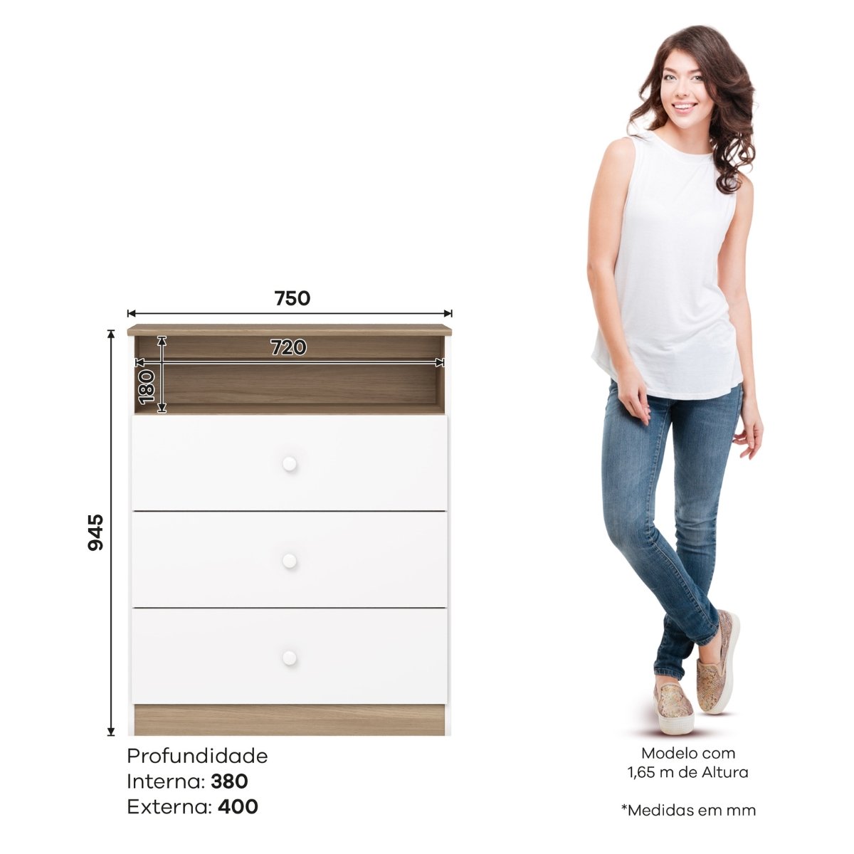 Cômoda 3 Gavetas com Nicho Decorativo - Magia Branco / Jequitibá HP