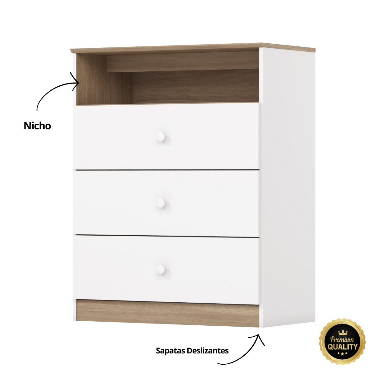 Cômoda 3 Gavetas com Nicho Decorativo - Magia Branco / Jequitibá HP
